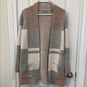 Cozy Patchwork Plaid Knit Open Front Long Cardigan